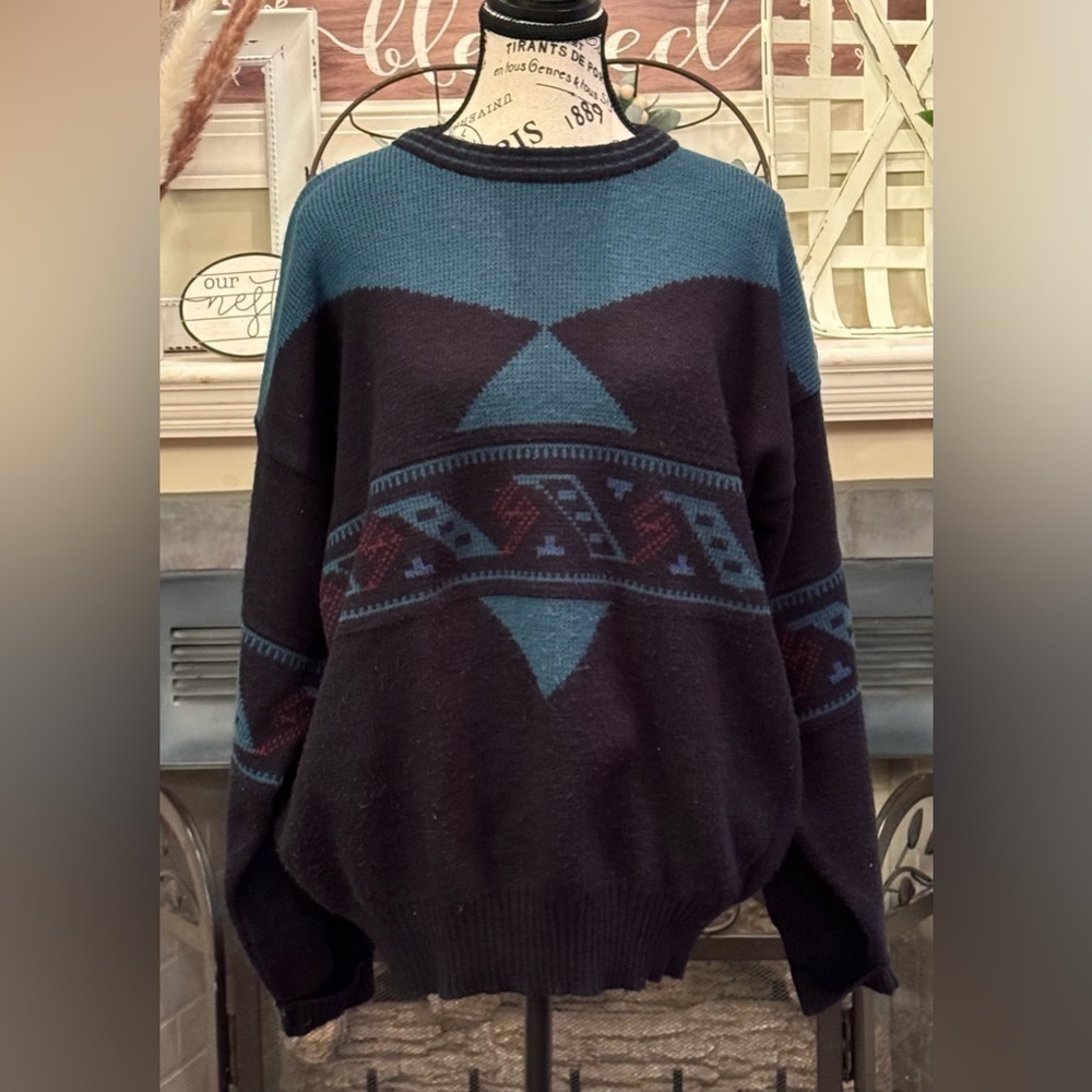 Michael Gerald Vintage Men’s Sweater Size Large Black Blue Geometric Shapes 80s